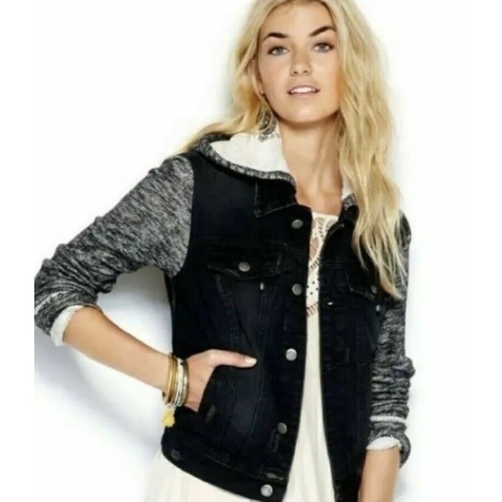 Free People Mixed Media Denim Jacket Hoodie Jean Pumice Black Boho Size S Small